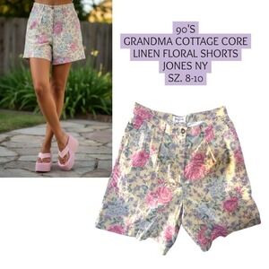 90'S VINTAGE GRANDMA COTTAGE CORE FLORAL LINEN SHORTS JONES NY 8-10